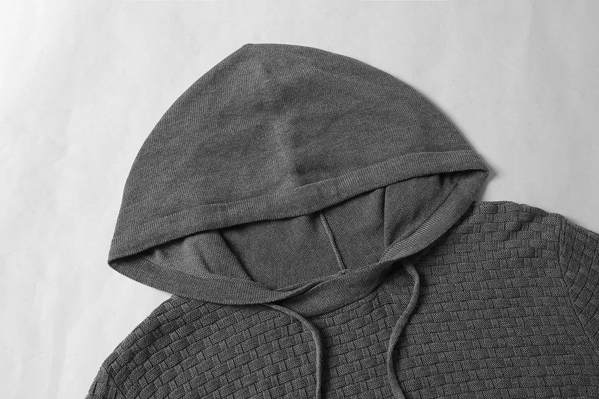 Men's cotton-polyester hoodie on a hanger, available in colours like black, navy blue, red, and khaki.