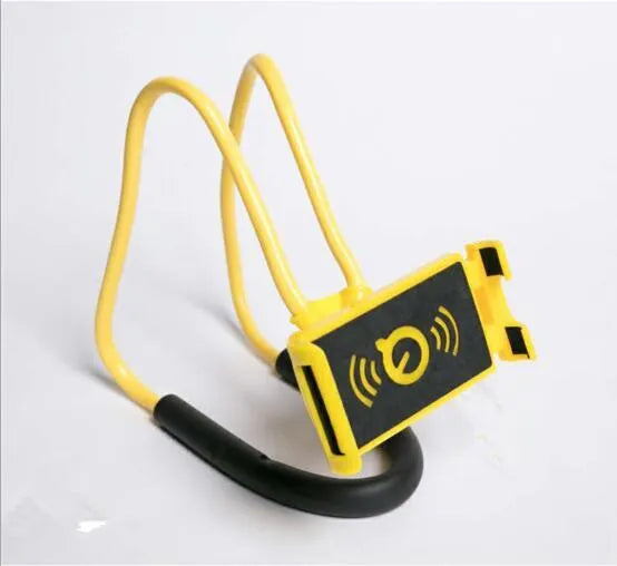 Universal white phone neck holder with 360-degree rotating clamp mounted on a smartphone