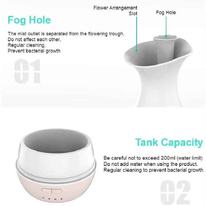 White ultrasonic aromatherapy diffuser and humidifier with colourful LED light misting on a wooden table.