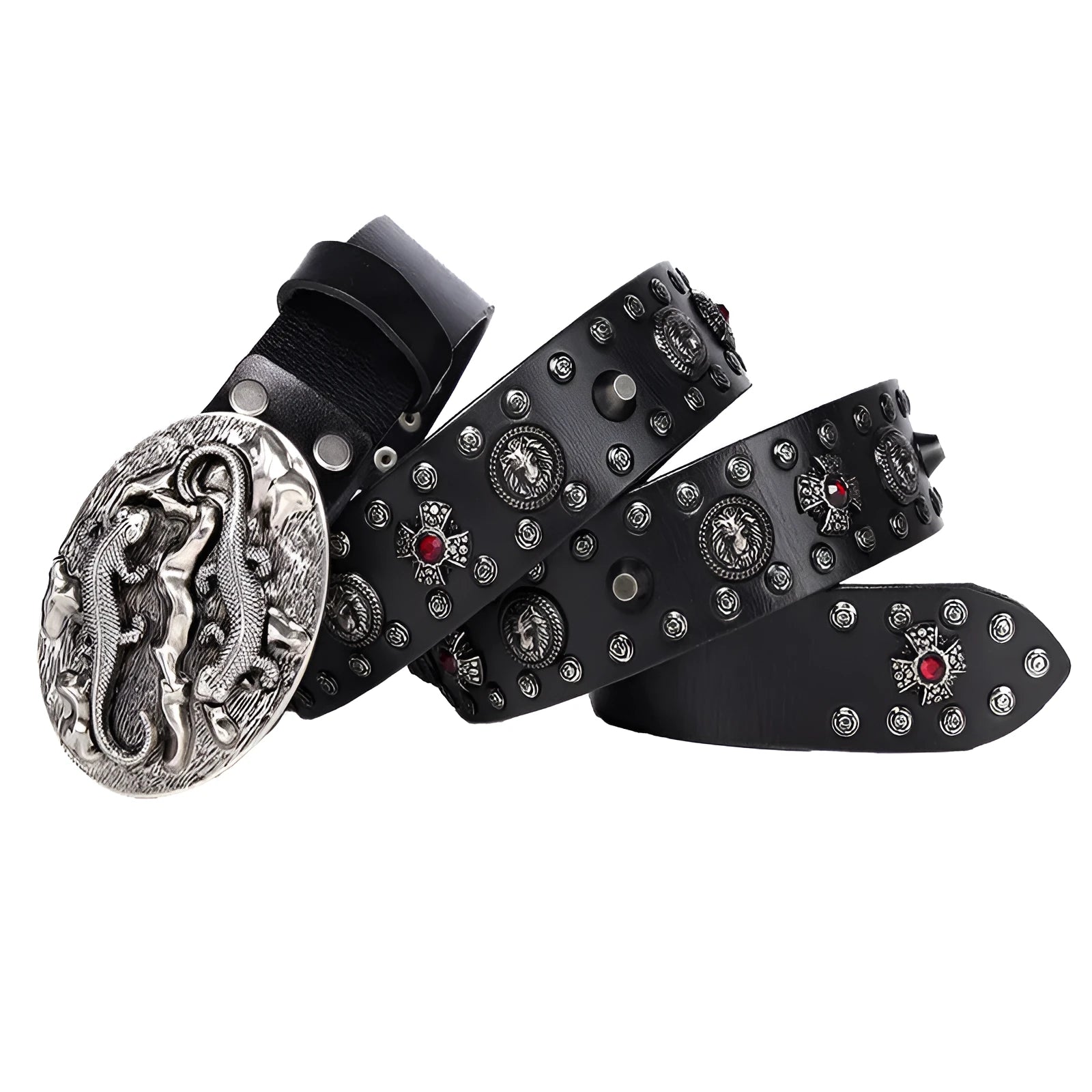 Men's punk style leather belt with rivet detailing and alloy buckle in retro colour options