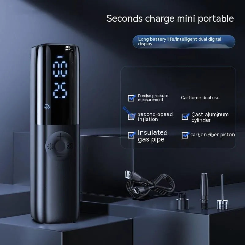 Black portable car tyre air pump with pressure gauge display and plug-in cable