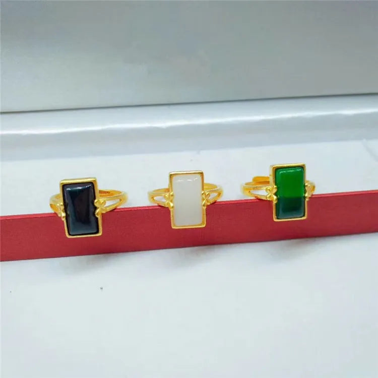 Adjustable brass gold-plated electroplated ring with artificial gemstone inlay in national style design