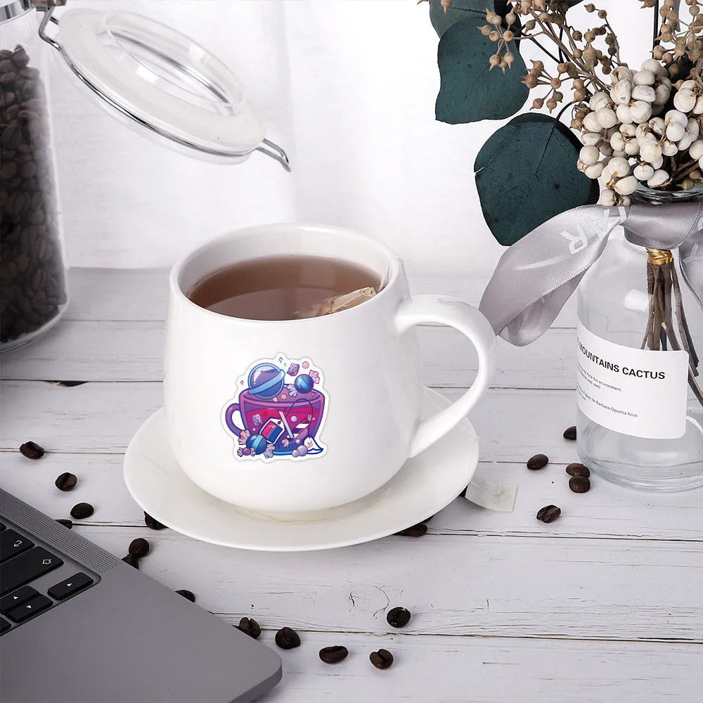 Set of 50 colourful tea cup graffiti waterproof stickers for scooter and luggage DIY decoration.