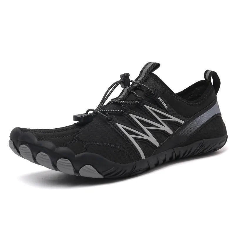 Lightweight indoor fitness training sneakers with low-top design and striped pattern.