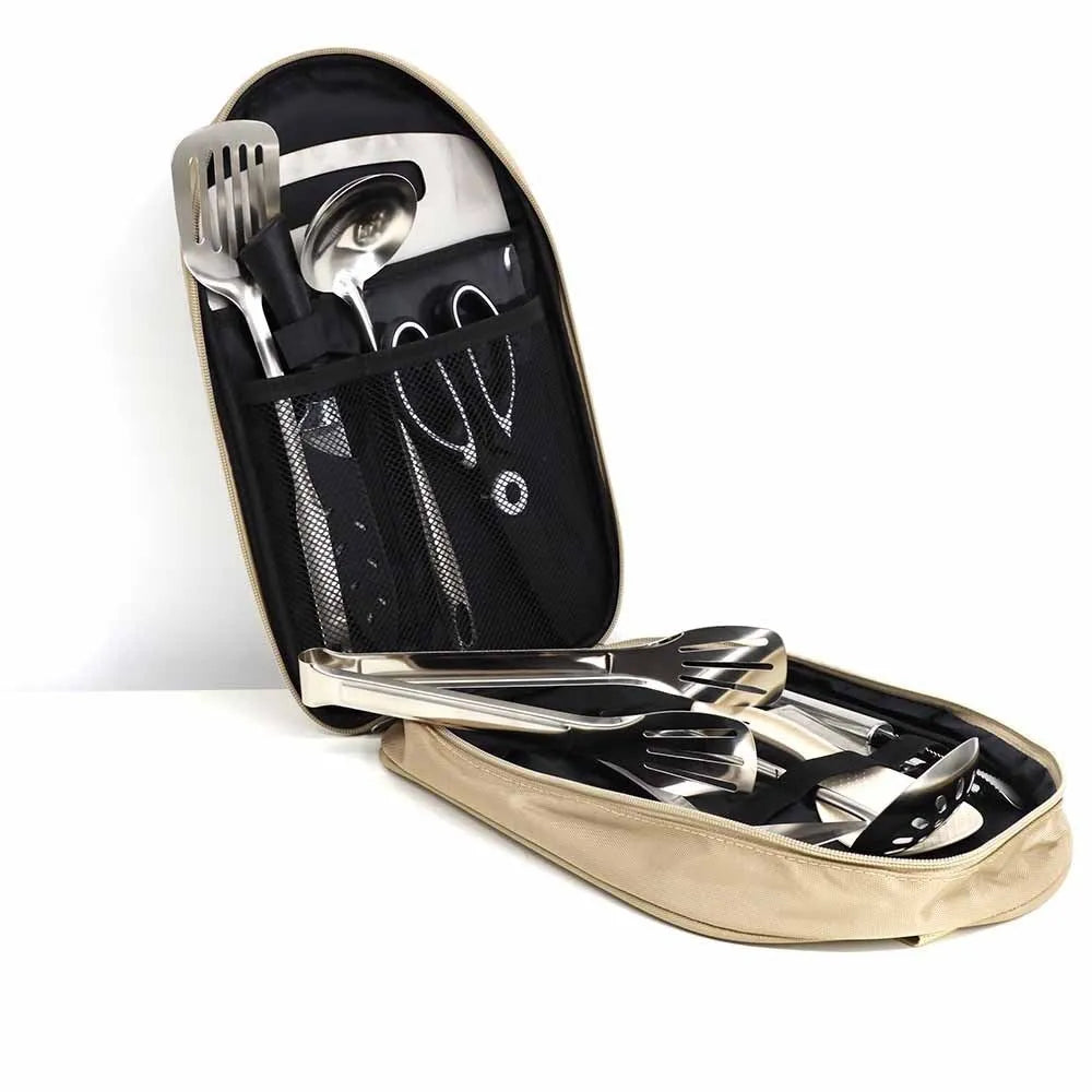 Multi-functional portable picnic kitchenware storage bag containing 12-piece stainless steel utensil set