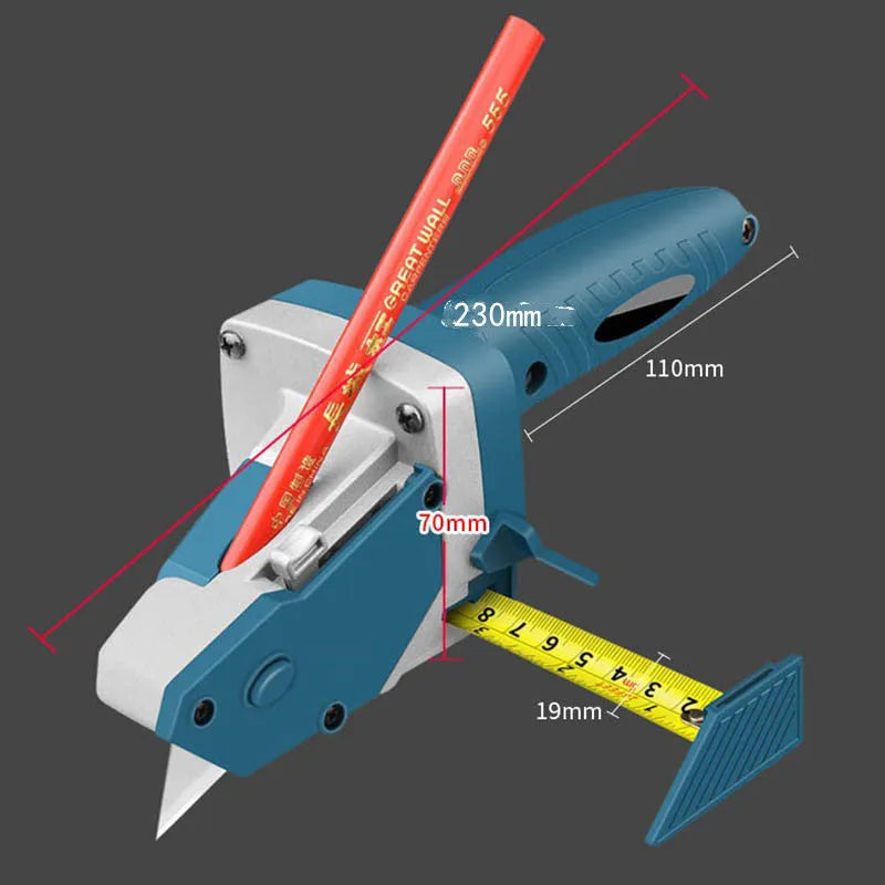 Blue multifunctional woodworking cutter with measurement scale and one-press lock mechanism