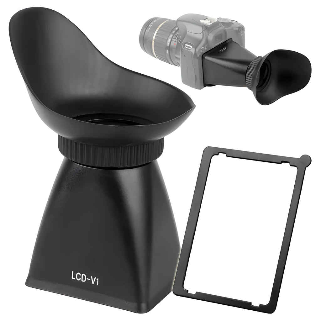 Black camera framing amplifier with magnetic mount attached to a DSLR LCD screen.