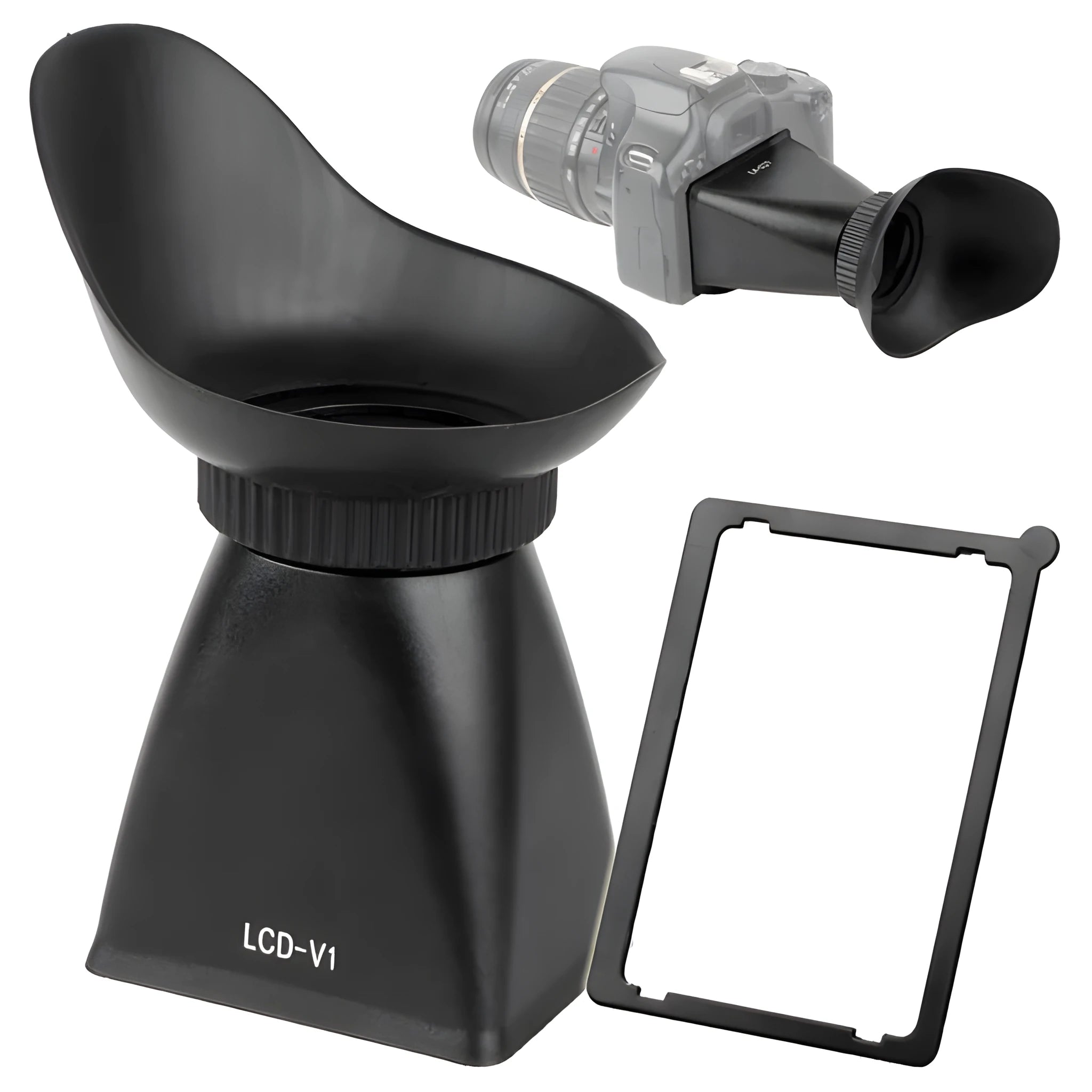 Black camera framing amplifier with magnetic mount attached to a DSLR LCD screen.
