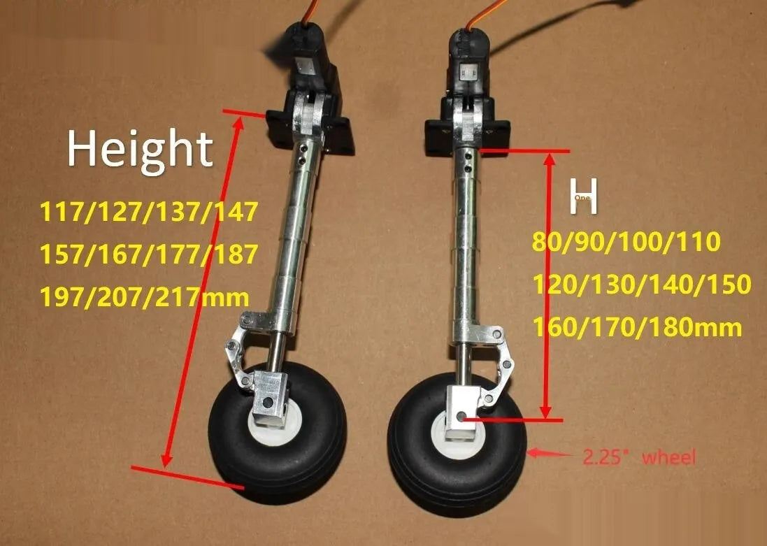 Alloy retractable shock-absorbing landing gear for electric aircraft models with wheels.