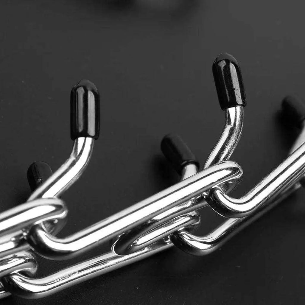 Stainless steel dog prong training collar with comfort rubber tips, shown in adjustable sizes.