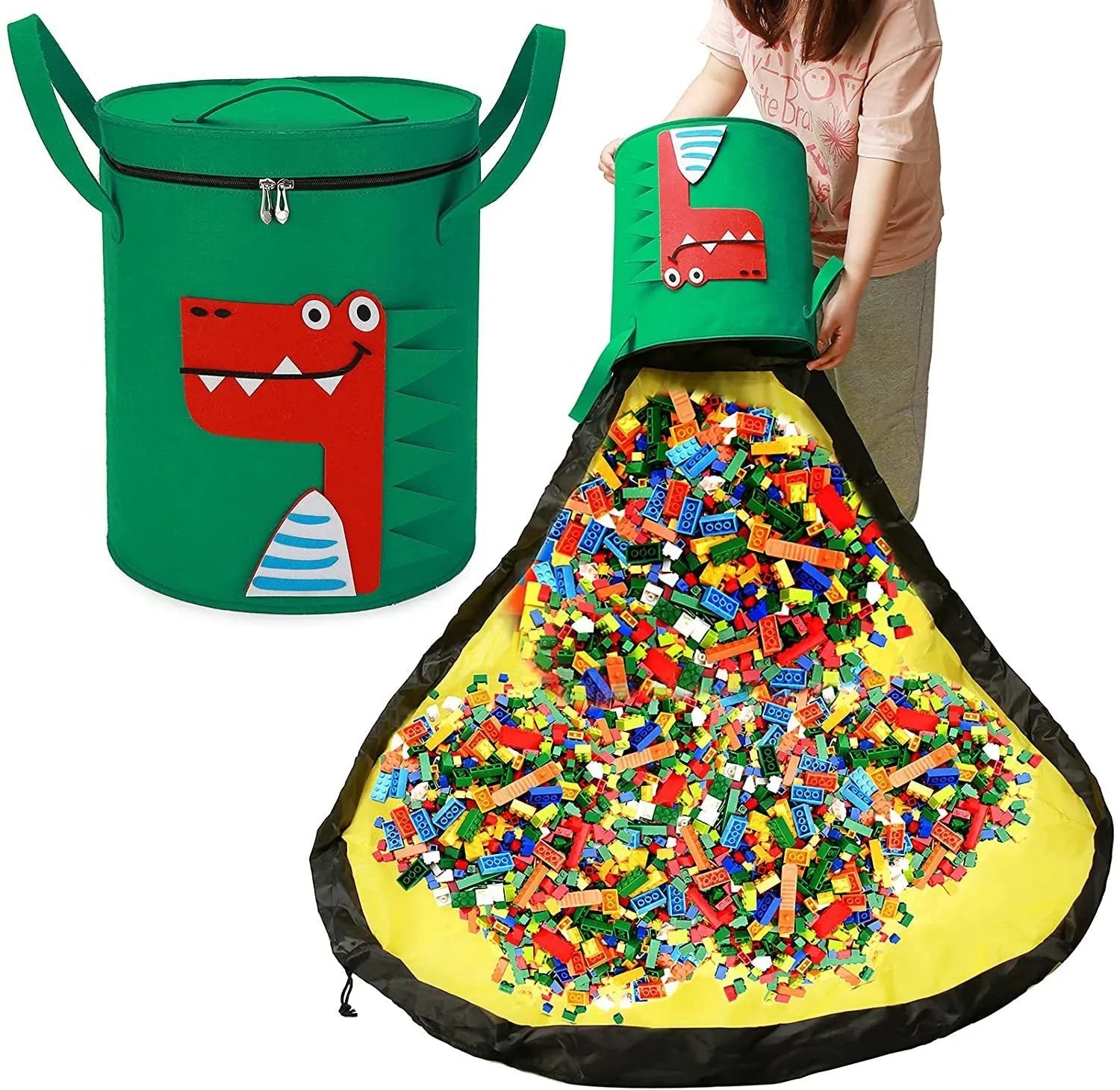 Green felt storage cube with pull rope unfolded as waterproof play mat for children's toys