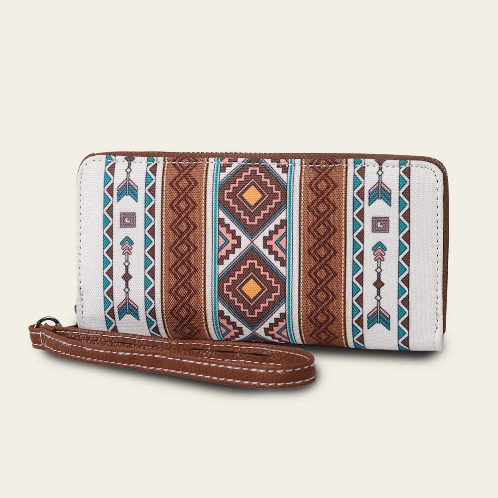 Bohemian-style striped canvas RFID wallet with wind belt design shown in multiple colour options