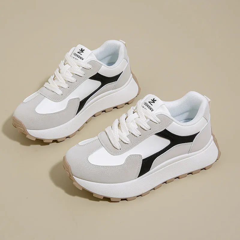 Women's low-top platform sports shoes in card black, khaki red, or white grey with flat heel and lace-up front.