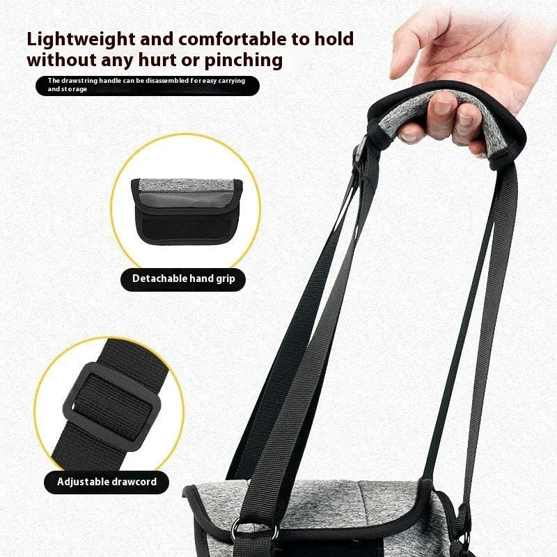 Grey neoprene dog rear leg recovery support belt showing sizing chart for S, M, L, and XL.