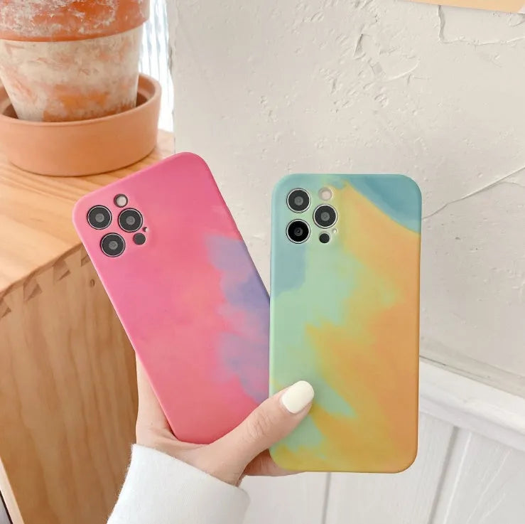 Soft silicone iPhone case with oil painting gradient geometry abstract design in blue, green, pink or purple colour