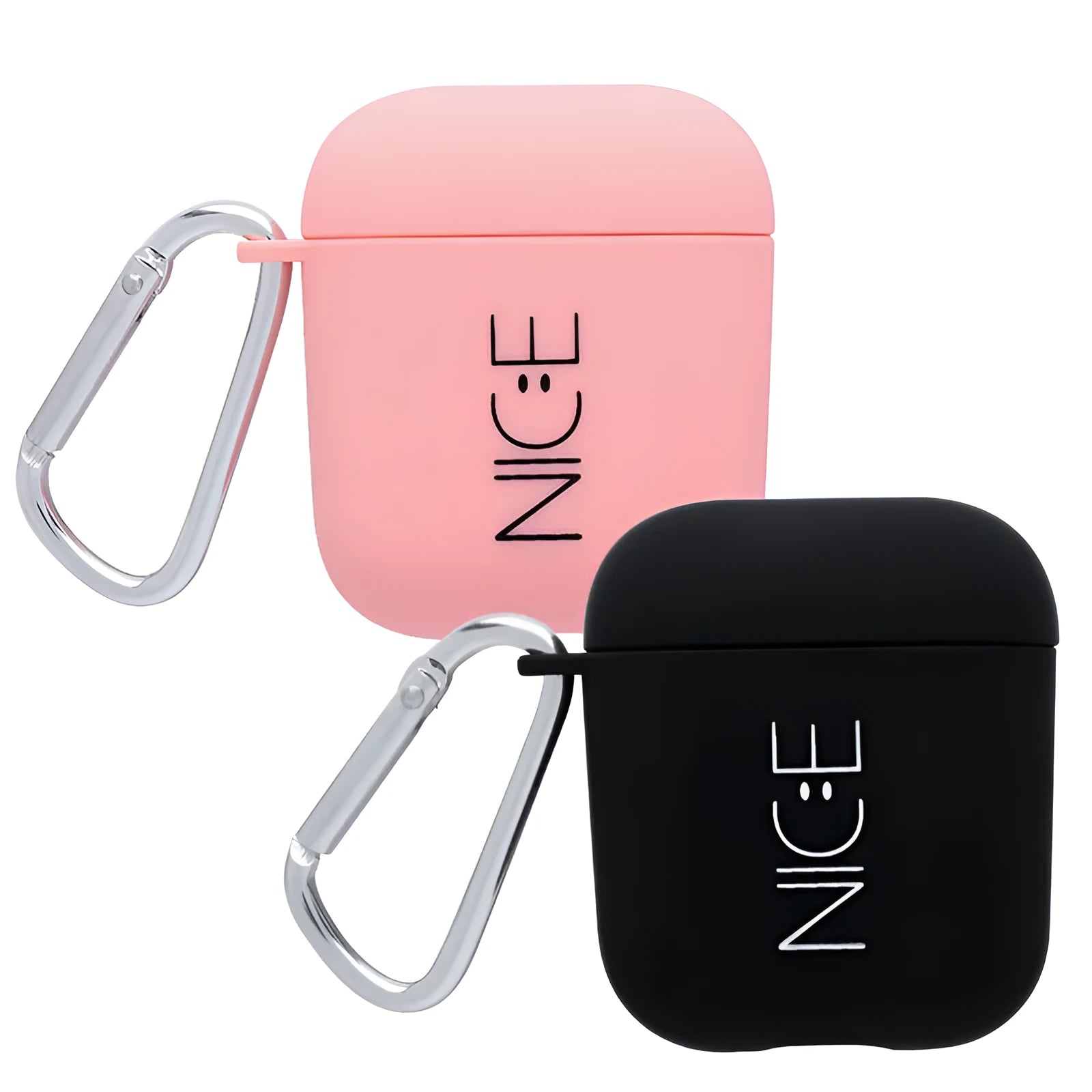 Black and pink AirPods case covers with floral and smiley face decorative patterns