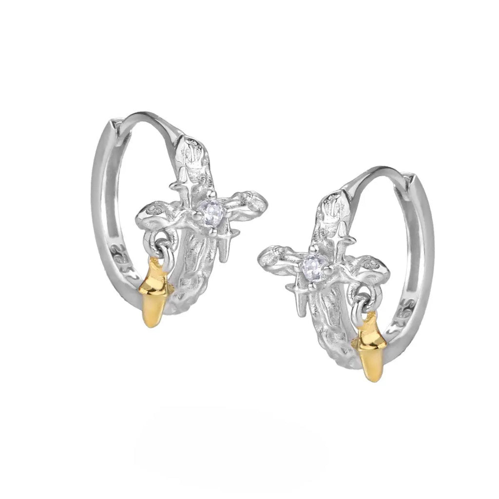 925 silver geometric cross earrings with white gold colour finish and round element detailing
