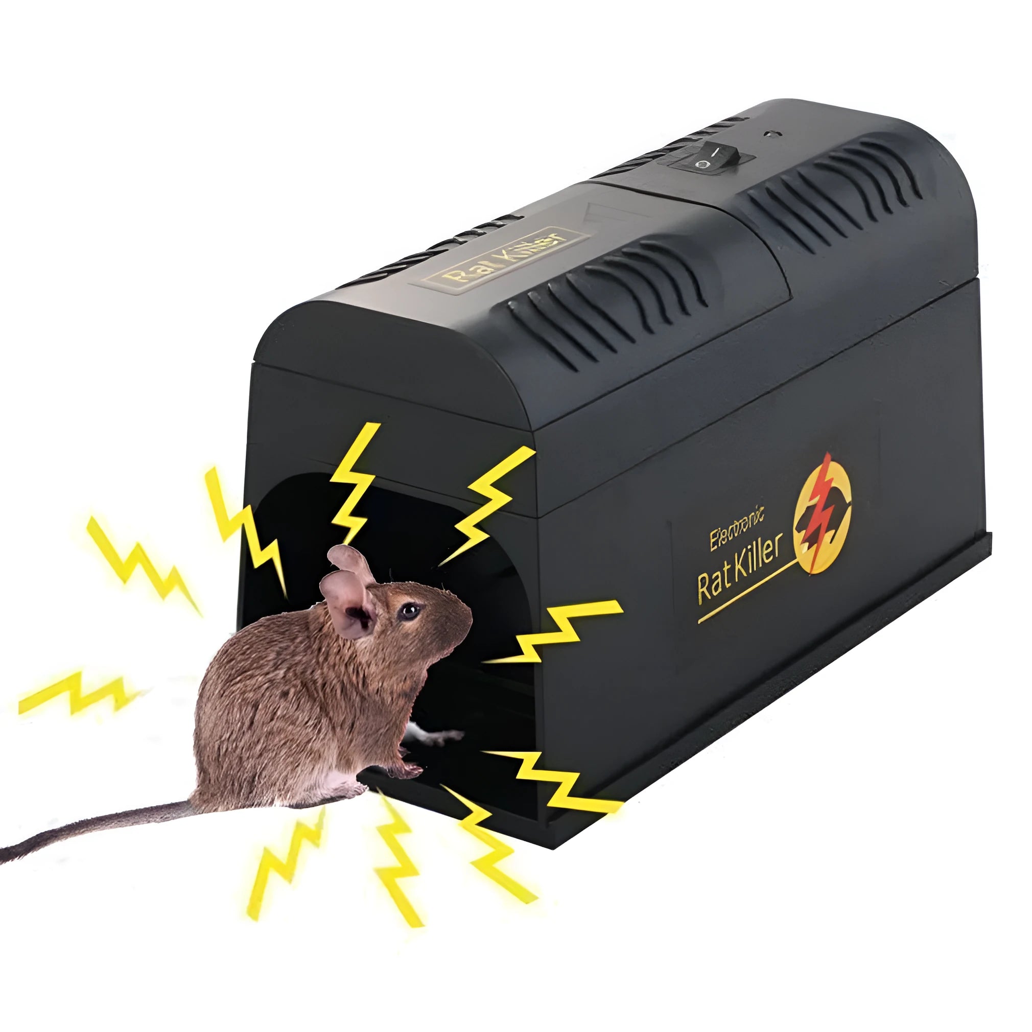 Black high voltage rodent killer device with electrical plug options for pest control