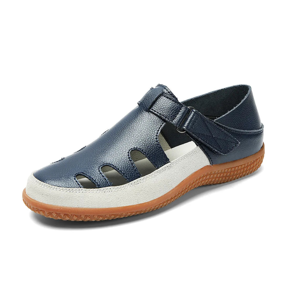 Blue plus size women's flat sandals with hollow-out design and toe cap on a thick rubber sole.