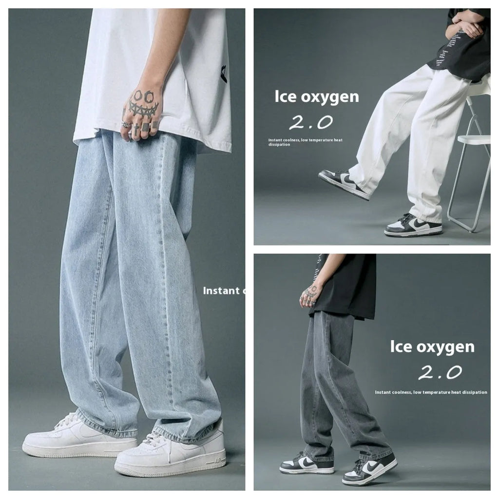 Loose straight cotton denim jeans for men in light blue colour with mid waist and button fly