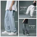 Loose straight cotton denim jeans for men in light blue colour with mid waist and button fly