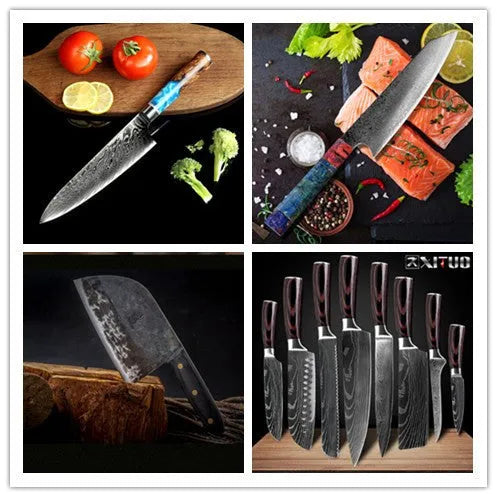 Set of professional kitchen knives including chef's knife, meat cutter, bread knife, and paring knife on a wooden surface