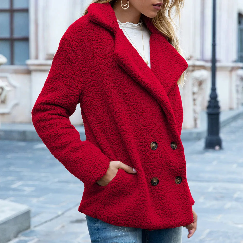 Women's fluffy loose lapel button coat in a range of colours on a size chart background.