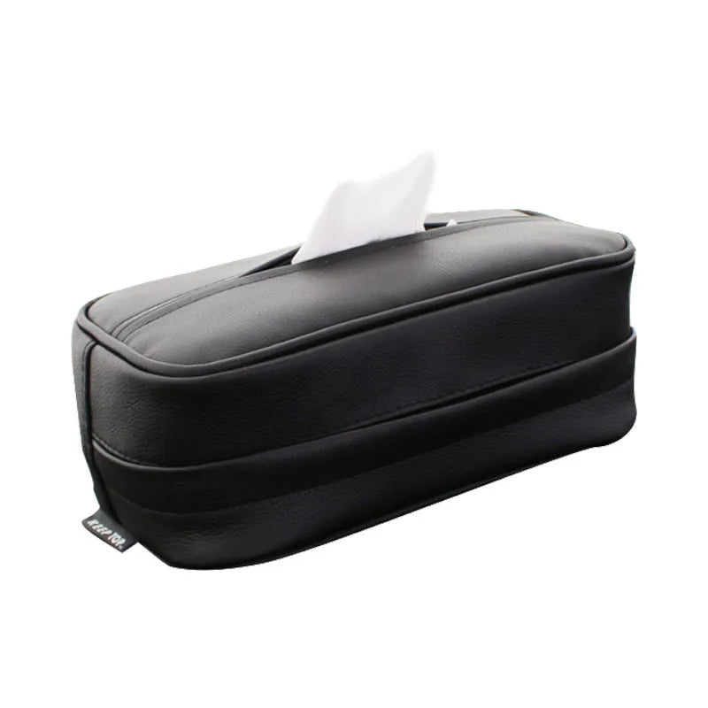 PU leather car hanging storage box bag in black colour showing dimensions and hanging strap