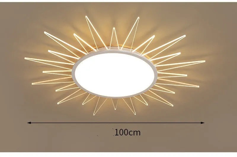 Modern round aluminium LED ceiling lamp with a white shade on a ceiling.