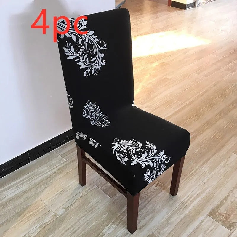 A stretchy spandex chair cover fitted neatly on a four-legged wooden dining chair.