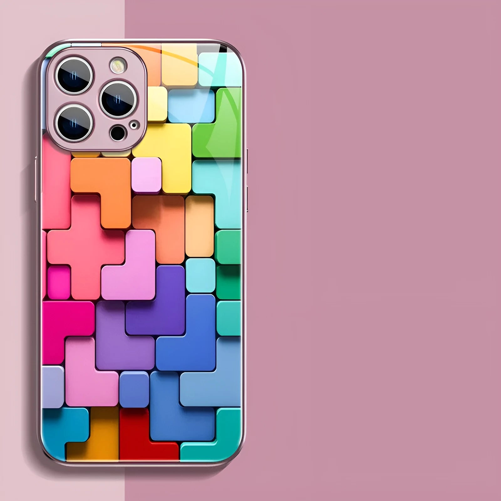 Colourful building block geometry pattern on a black silicone back cover case for an iPhone.