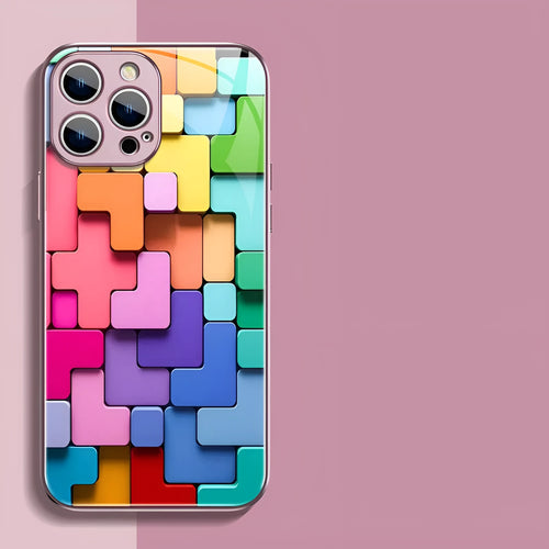 Colourful building block geometry pattern on a black silicone back cover case for an iPhone.