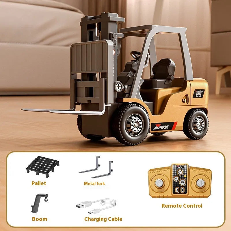 1:64 scale alloy remote control forklift toy with cargo hook and fork accessories on pallet