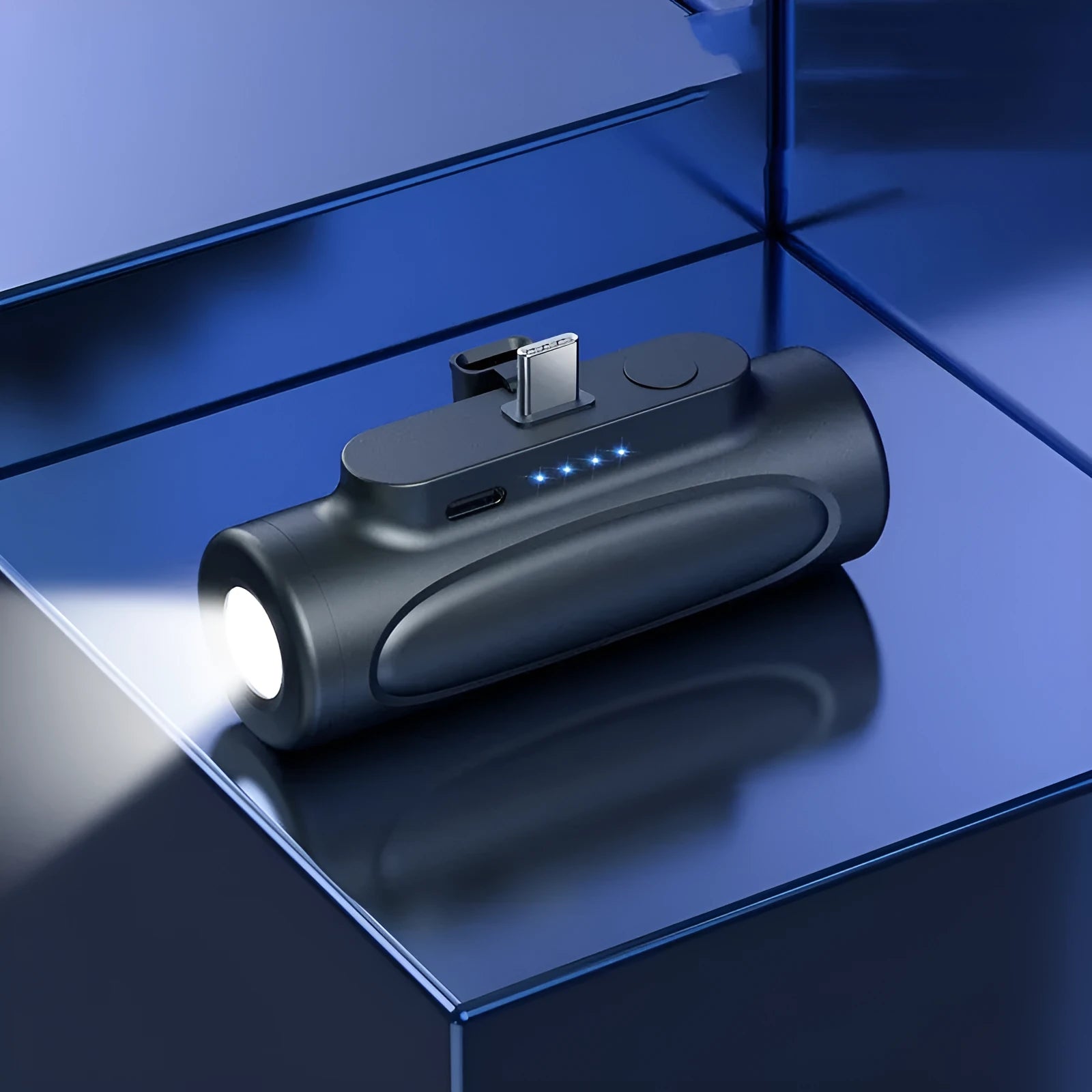 Black creative power bank with LED flashlight showing Type-C port and compact 83x27x41mm dimensions