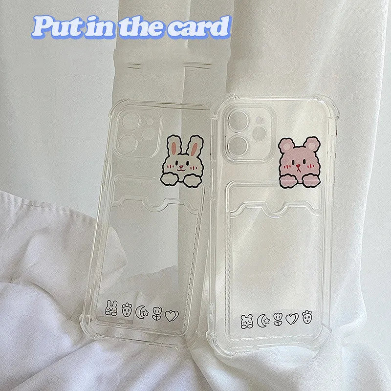 Transparent cartoon graphic iPhone back cover case with a slot for holding credit cards.