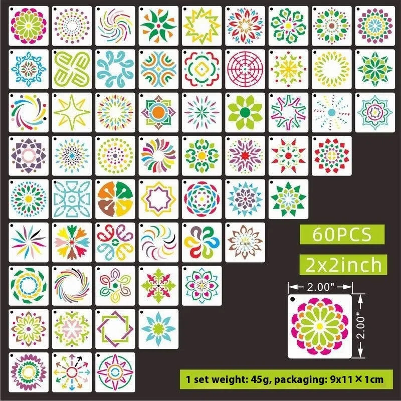 700 PET film hollow spray painting templates in seven 2-inch designs including floral, animal, ocean, and letter patterns