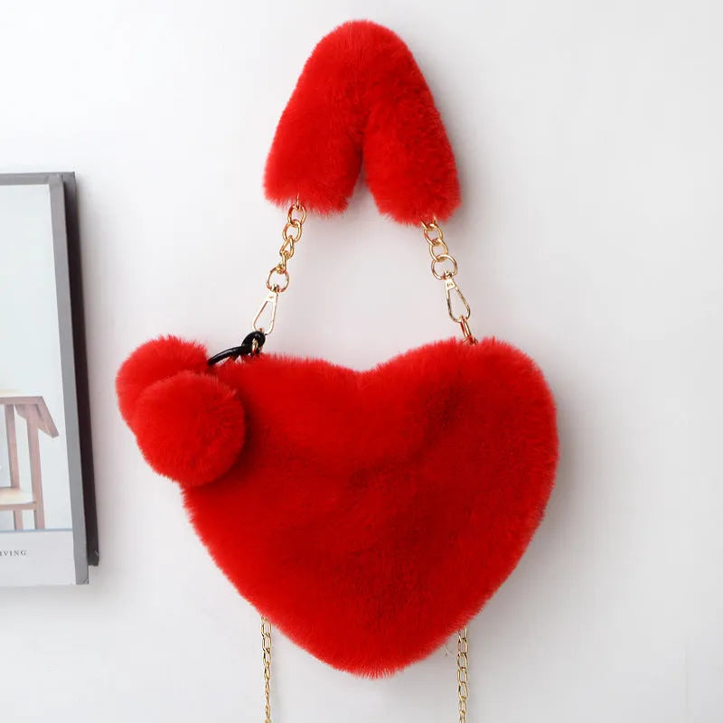 Soft plush heart-shaped women's handbag with zipper closure in various colours