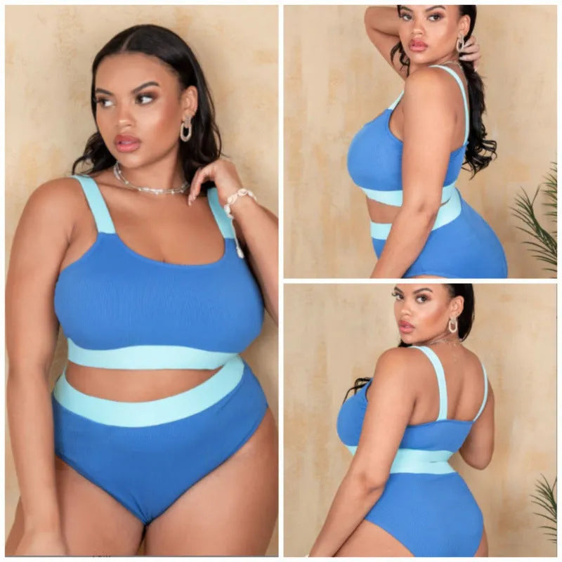Women's high waisted polyester bikini swimsuit with split sides and intricate stitching details in solid colour