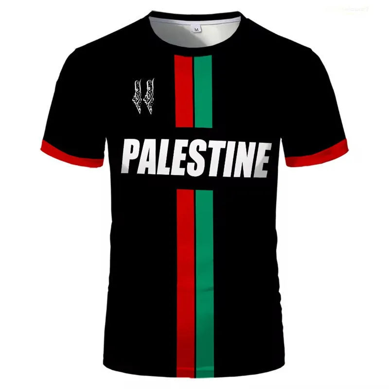 Black men's T-shirt with a raised white 3D football graphic print on the chest, showing half-length sleeves.