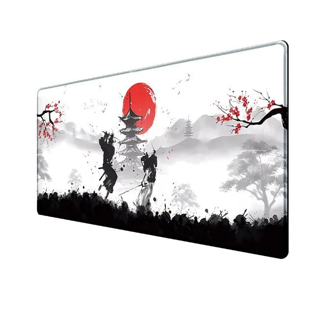 Japanese Samurai design gaming mouse pad on a desk, showing non-slip cloth base and thermal transfer print.