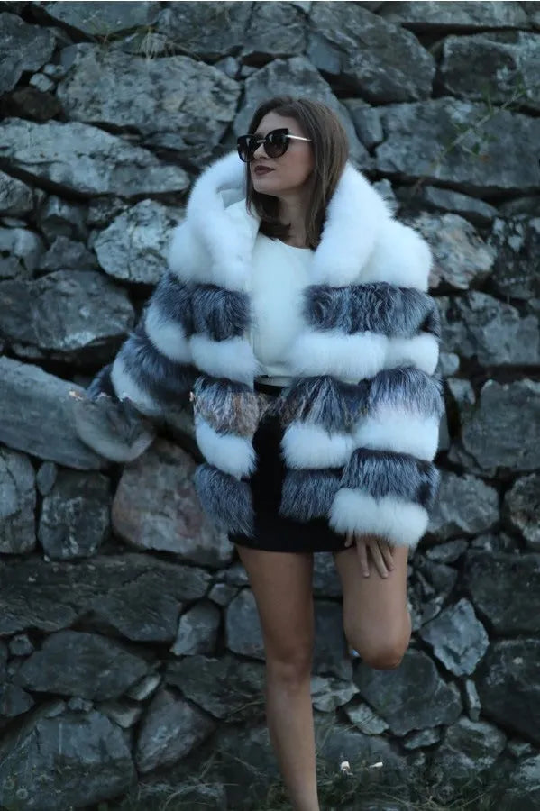 Women's loose fit hooded coat in artificial fur, shown in brown and white silver fox colours