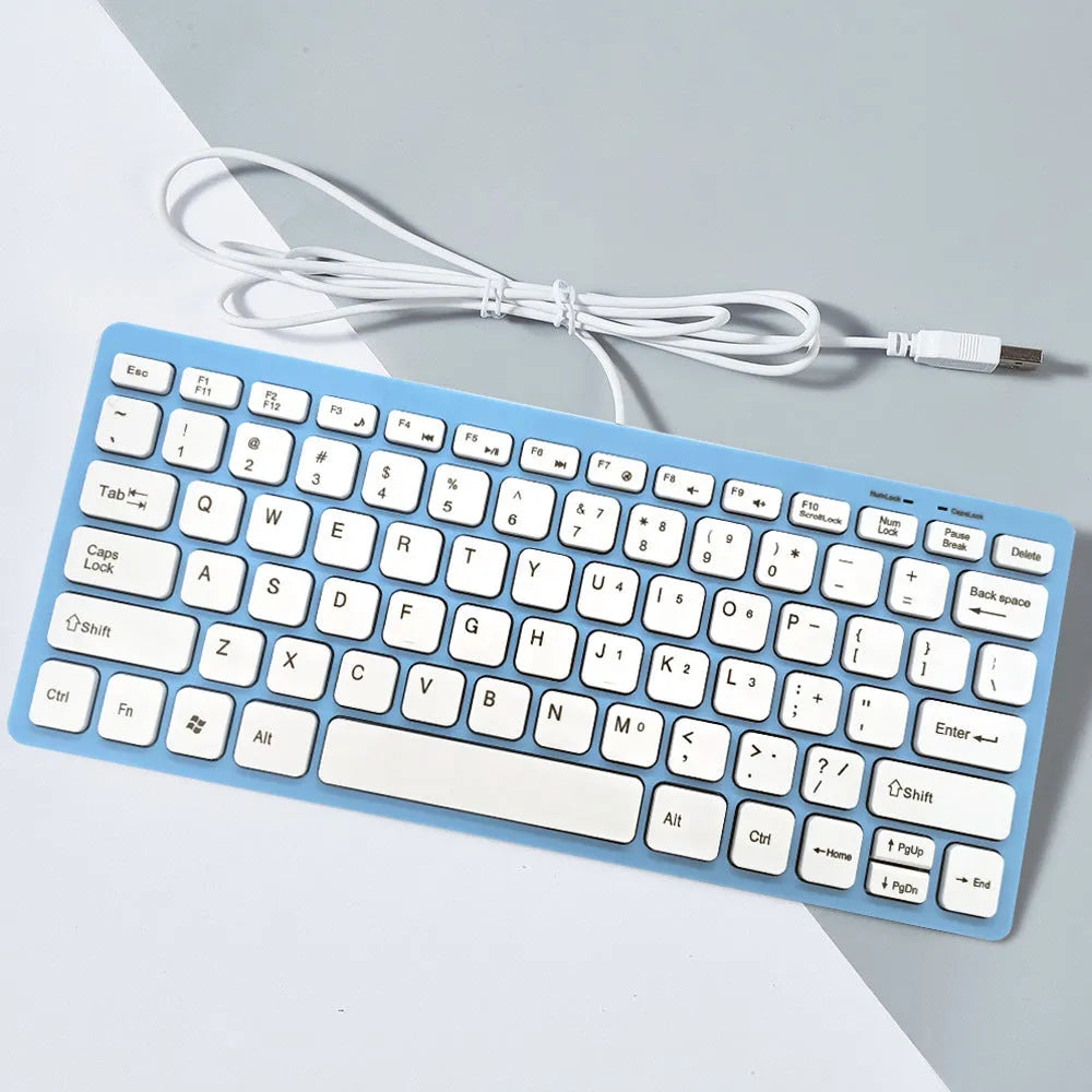 USB wired mini keyboard in black with compact 280mm width and noiseless keys for laptop use