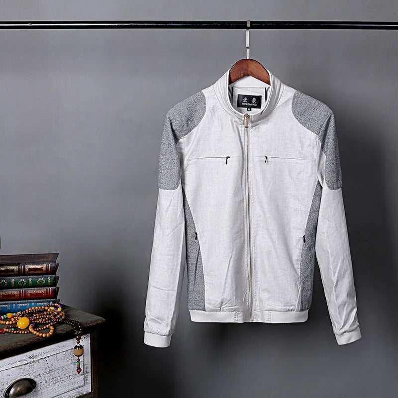 Men's thin linen jacket in lightweight cotton fabric available in blue, grass green, and heather grey colours
