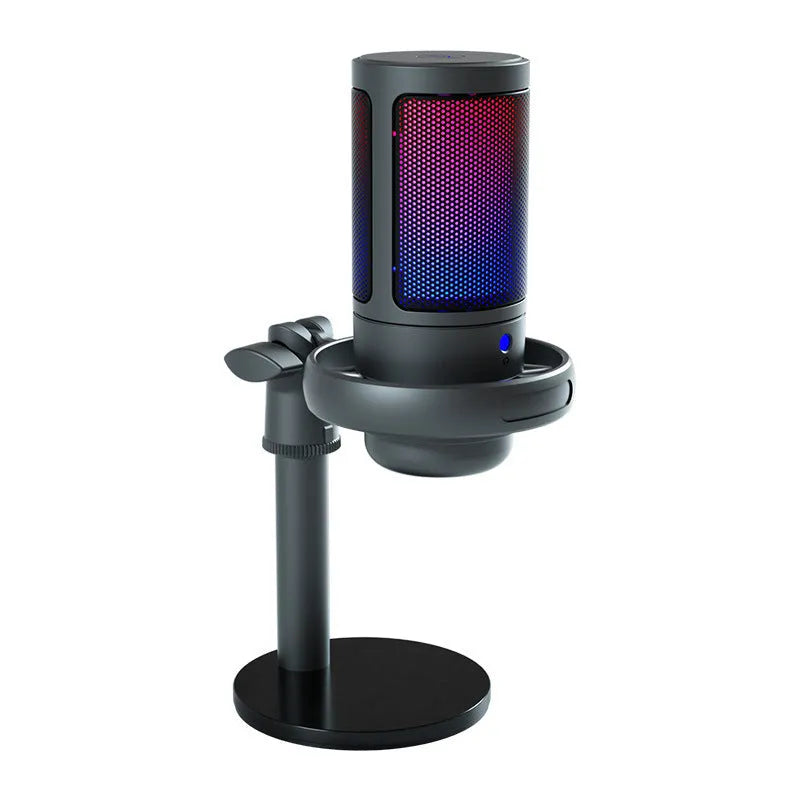 USB condenser microphone with LED lighting effects in multiple colour configurations including standard, mesh, and cantilever options