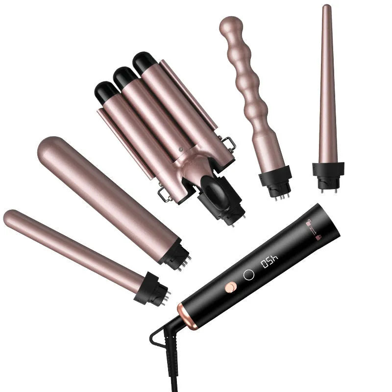 Rose gold hair curler with five tube attachments and LCD screen display