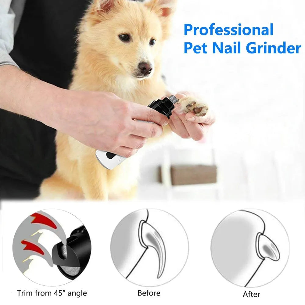 White electric dog nail trimmer with LED display showing speed settings and dust collection compartment