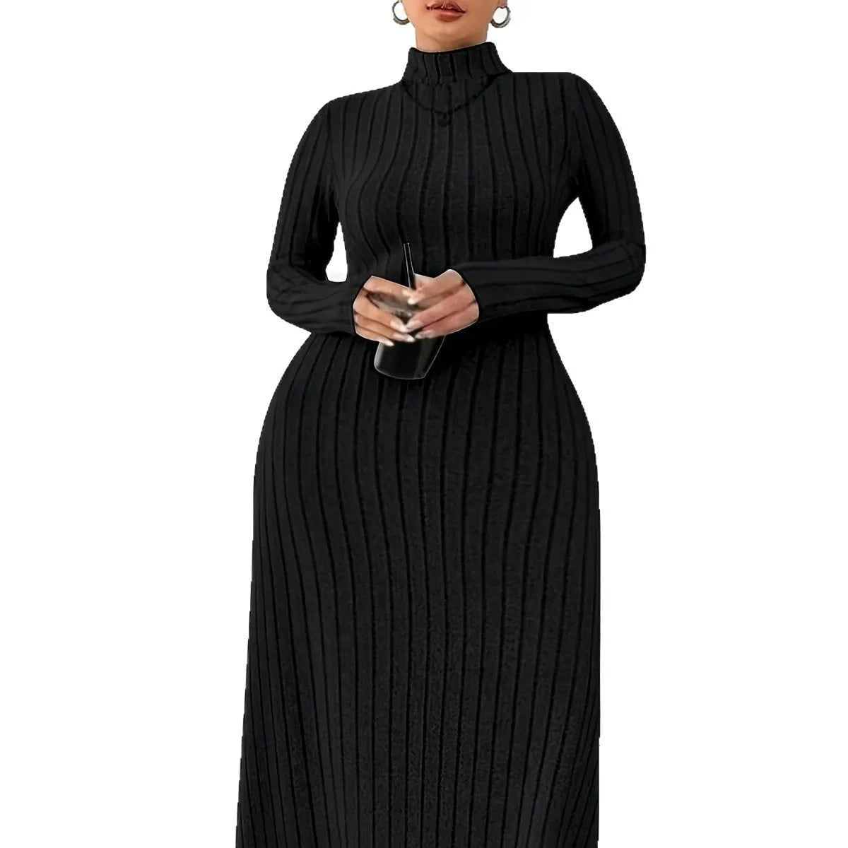 Women's Plus Size Turtleneck Dress Autumn Winter Long Sleeve Casual Knitted Stripe Dress for Ladies Polyester Fabric, Black Army Green Milky White, Size XL to XXXXXL, Asian Sizing