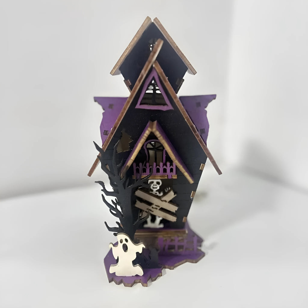 Wooden DIY haunted house decoration kit for Halloween with dimensions 14cm by 10.5cm by 19cm