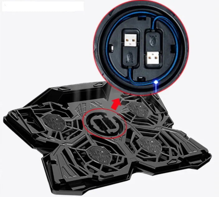 Blue PC cooling base with four LED fans, two USB ports and speed control switches for desktop computer ventilation