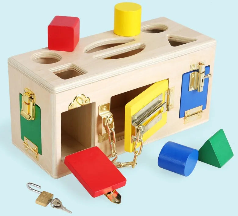 Wooden educational shape sorter puzzle box with 12 geometric blocks for preschool children